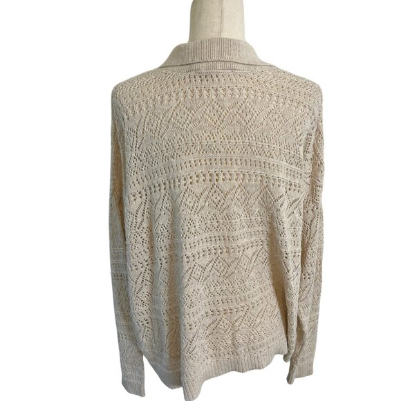 LOFT Off White Ivory V-Neck Collared Sweater Size Large Cotton Relaxed Fit - Picture 3 of 8